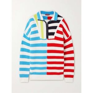STAUD Hampton Striped Front Half-Zip Turtleneck Sweater, Size L